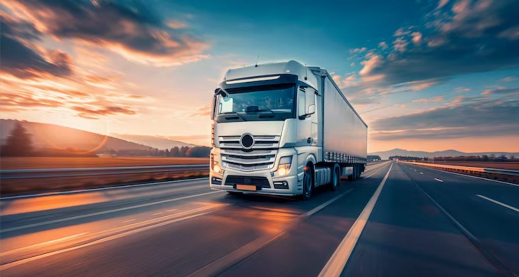 夕暮れの高速道路を走る白いトラック - トラックファンド短期オペレーティングリースのイメージ